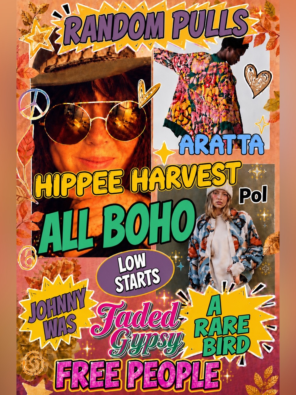 HIPPEE HARVEST FREE PEOPLE, JADED GYPSY, A RARE BIRD, POL, ARATTA, J WAS